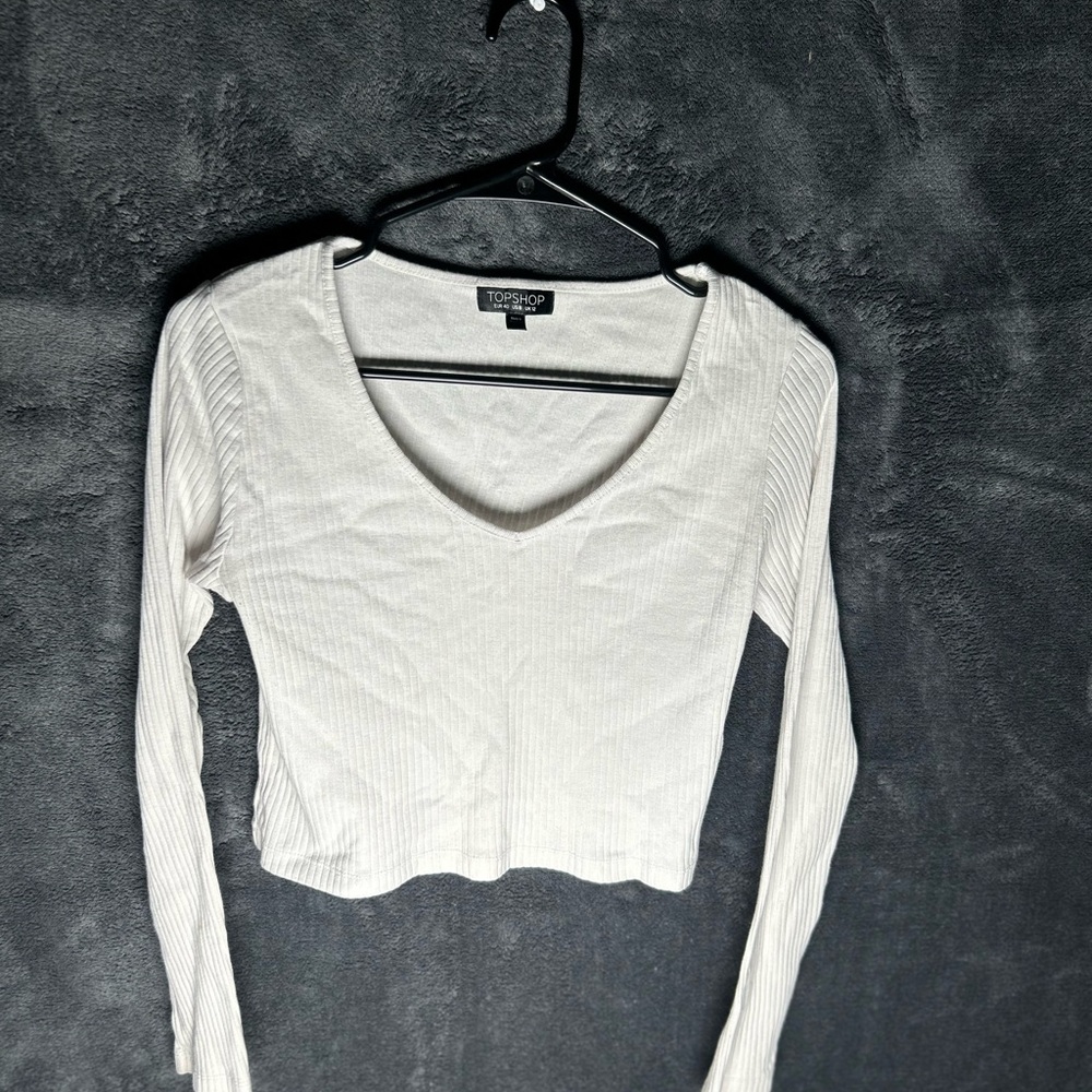 Topshop Cream Fitted Crop Blouse Long Sleeve